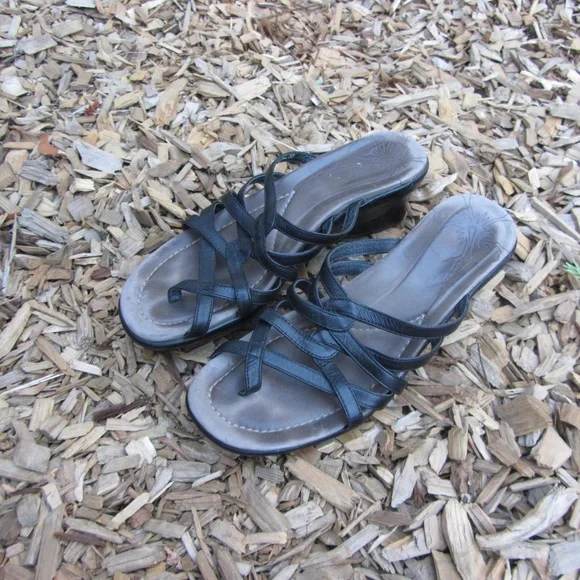 Dansko Black Strap Leather Wedge Sandals - Picture 1 of 6